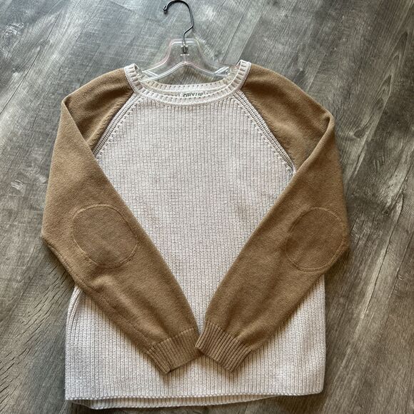 Orvis Sweater Elbow Patches Beige with Brown Arms Women’s Medium Cotton Knit - Picture 7 of 12